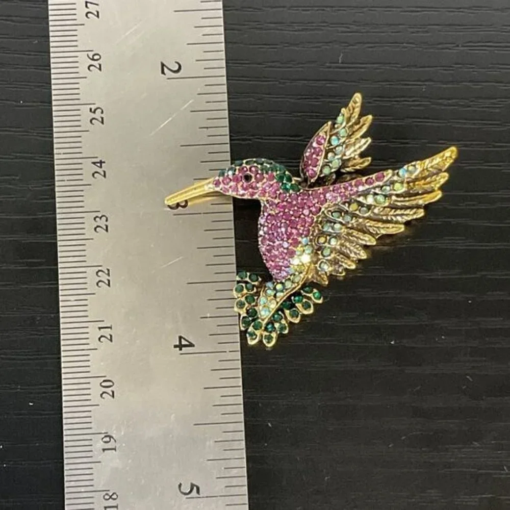 Vintage Hummingbird Brooch Pendant Combo Rhinestones Pink Green Gold-Tone Metal
